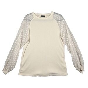 MIHOLL  Womens Ivory Top Size Large Sheer sleeves and Waffle Knit Body and Cuffs